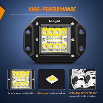 Nilight 2PCS 42W Flush Mount LED Light Pods Spot Flood Combo Backup Reverse Driving Headlamp Mount on Bumper Grille for 4x4 Offroad Truck SUV
