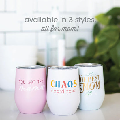 Pearhead Chaos Coordinator Stainless Steel Wine Tumbler with Press-In and Slide Locking Lid, Mother’s Day Stemless Wine Glass Tumbler Mug, New Mom Accessory, 12oz