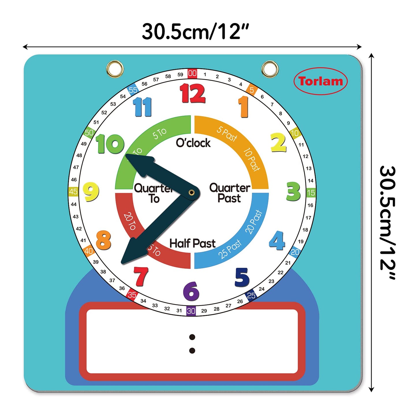Magnetic Writable Dry Erase Learning Clock | Clock for Kids Learning to Tell Time | Large 12" Demonstration Teaching Time Practice Clock with Dry Erase Writing Surface | Pen Included | (Light Blue)