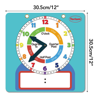 Magnetic Writable Dry Erase Learning Clock | Clock for Kids Learning to Tell Time | Large 12" Demonstration Teaching Time Practice Clock with Dry Erase Writing Surface | Pen Included | (Light Blue)