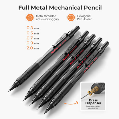 Nicpro Black Art Mechanical Pencil Set, 5PCS Metal Drafting Pencils 0.3, 0.5, 0.7, 0.9 mm & 2mm Graphite Lead Holder For Sketching Drawing With 9 Tubes (4B 2B HB 2H Colors) Lead Refills Erasers Case