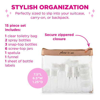 Miamica Women's Travel Bottle Kit, Clear & Rose Gold, 7.5" x 6.5" x 1.25"