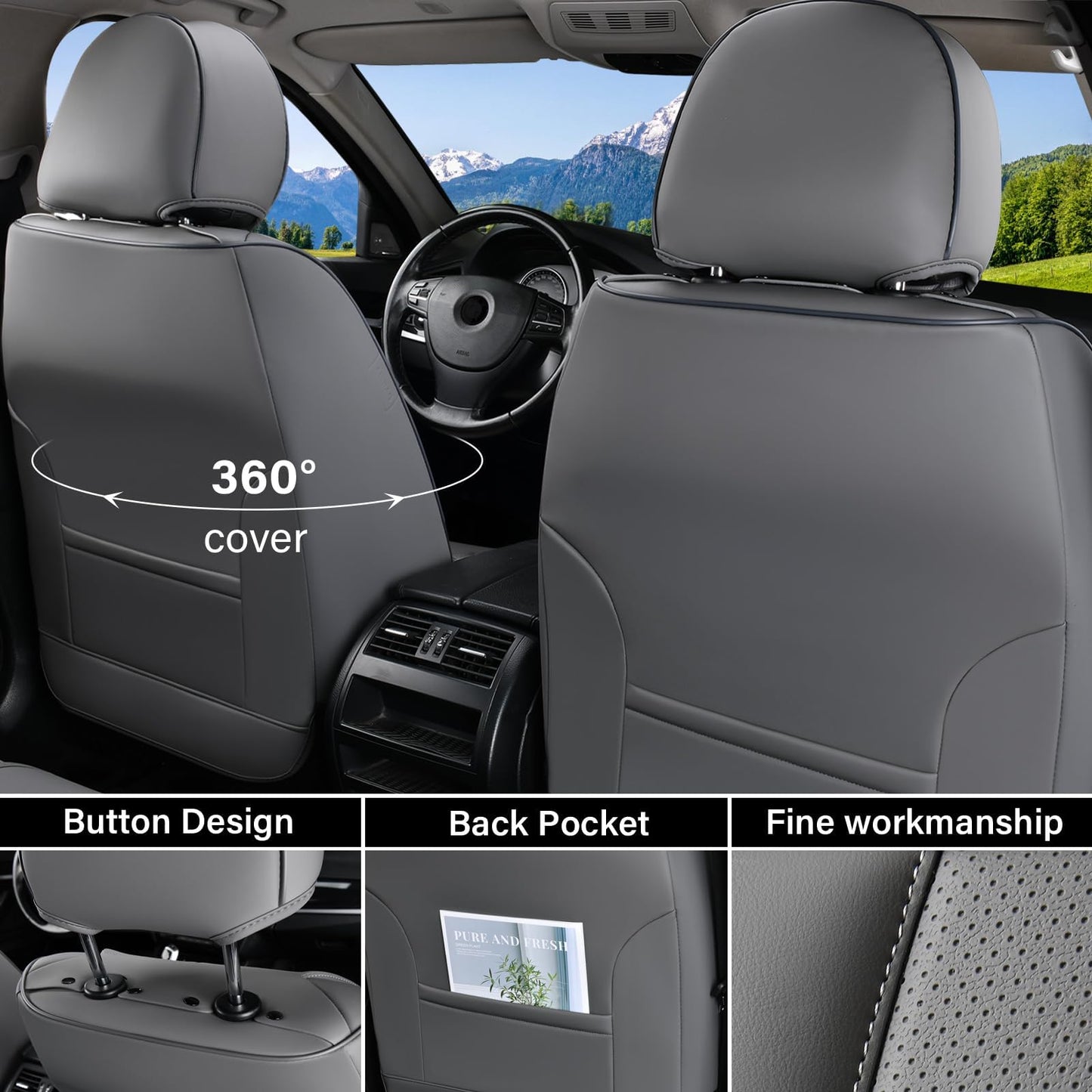 Coverado Car Seat Covers Full Set, Seat Covers for Cars, Gray Car Seat Protector Waterproof, Nappa Leather Car Seat Cushion, Car Seat Covers Front Seats and Back Fit for Most Cars