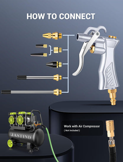 JASTIND Industrial Air Blow Gun with Brass Adjustable Air Flow Nozzle and 2 Steel Extension, Pneumatic Air Compressor Accessory Tool Dust Cleaning and Blower Gun