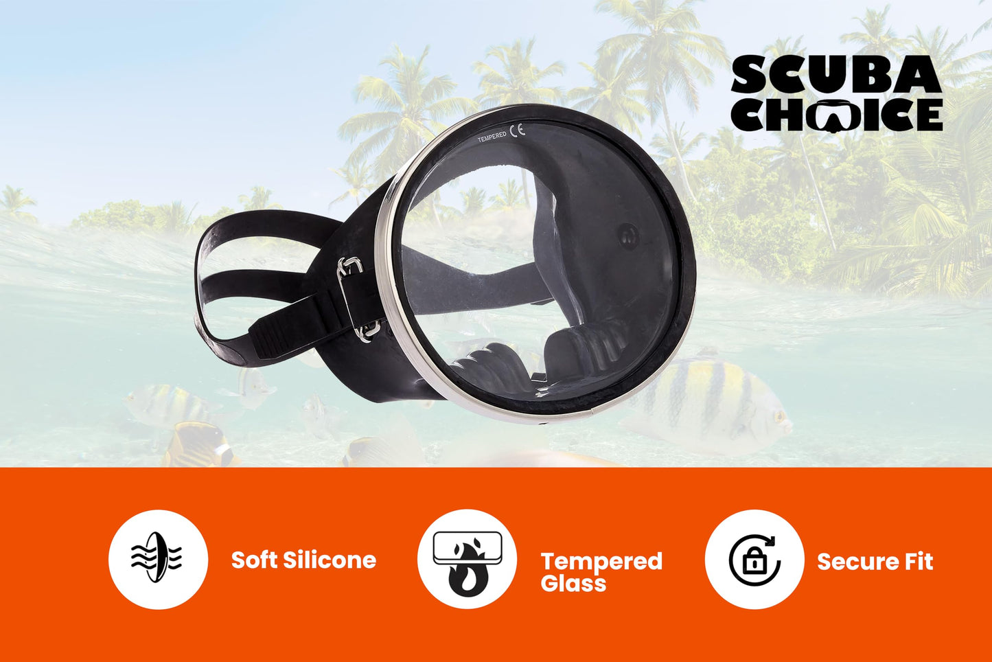 Scuba Choice Spearfishing Free Dive Mask - Classic Rubber with Tempered Glass Lenses | Oval Shape Stainless Steel Frame for Enhanced Visibility & Comfort, Perfect Underwater Adventures - Black
