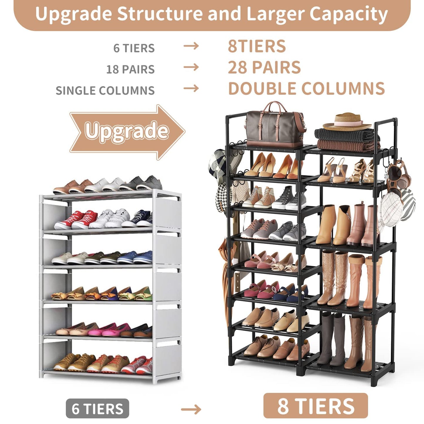 ROJASOP Shoe Rack Organizer, 8-Tier Metal Shoe Rack for Closet Entryway Garage, 26-32 Pairs Tall Shoe Boot Storage Shelf with 15 Hooks, Stackable Large Shoe Stand