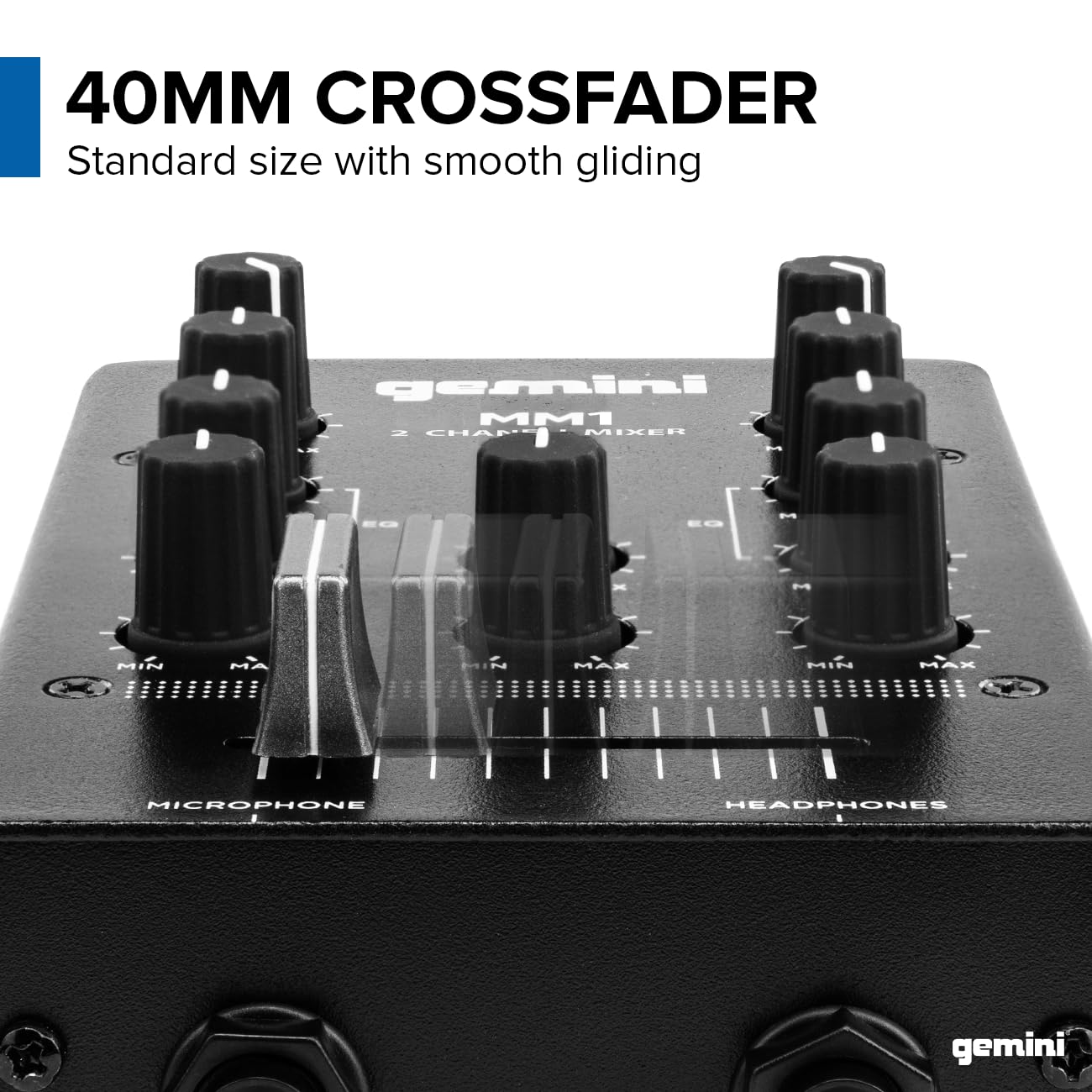 Gemini Portable 2-Channel DJ Mixer – Pocket-Sized Mini Audio Mixer with RCA, Mic & Headphone Jacks, Pro Crossfader & EQ – Compact Mixer for Beginners & Mobile DJs On-the-Go (MM1)