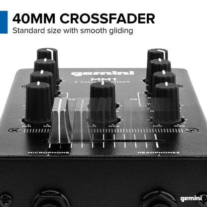 Gemini Portable 2-Channel DJ Mixer – Pocket-Sized Mini Audio Mixer with RCA, Mic & Headphone Jacks, Pro Crossfader & EQ – Compact Mixer for Beginners & Mobile DJs On-the-Go (MM1)