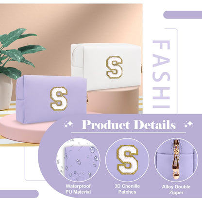 Personalized Makeup Bag Initial A-Z Preppy Patch Bag,Small PU Leather Travel Cosmetic Bag Pouch with Zipper,Purple Cute Toiletry Bag,Gift Ideal for Teen Girls Women Birthday Friend Mom,Latter S