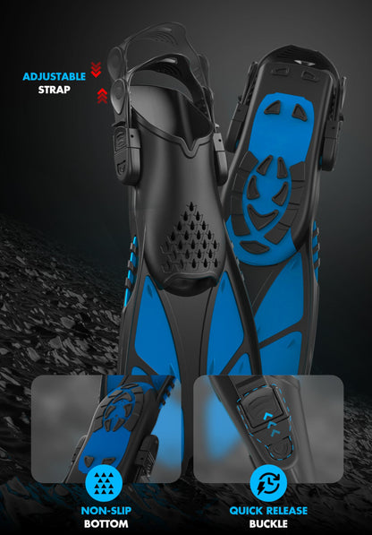 COZIA DESIGN Snorkeling Gear for Adults - Full Face Snorkel Mask and Swim Fins, 180° Panoramic View Snorkel Mask, Anti Fog and Anti Leak Adult Snorkel Set (Blue, Mask M - Fins M)