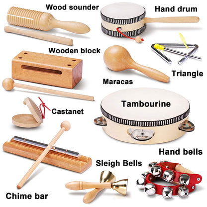 LOOIKOOS Toddler Musical Instruments Montessori Natural Wooden Percussion Instruments for Kids Preschool Educational Musical Toys Set for Boys and Girls with Storage Bag