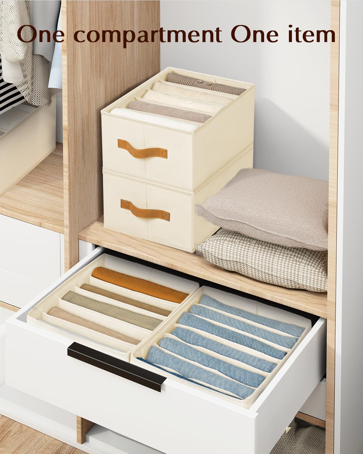 Homsorout Clothes Organizers and Storage - 4/5/7 Grids Fabric Jeans Organizer with Handles, Foldable Closet Organizers Dividers, Wardrobe organizer for Pant, Sweater, T-shirt, Scarf, 6 Pack, Beige