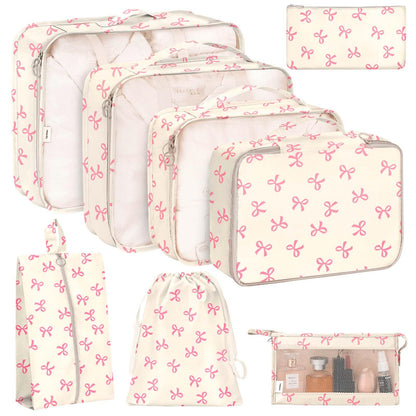 KPX 8 Set Packing Cubes for Travel, Luggage Packing Organizers Accessories Large Toiletries Bag for Clothes Shoes Cosmetics (8Set-Pink Bow)