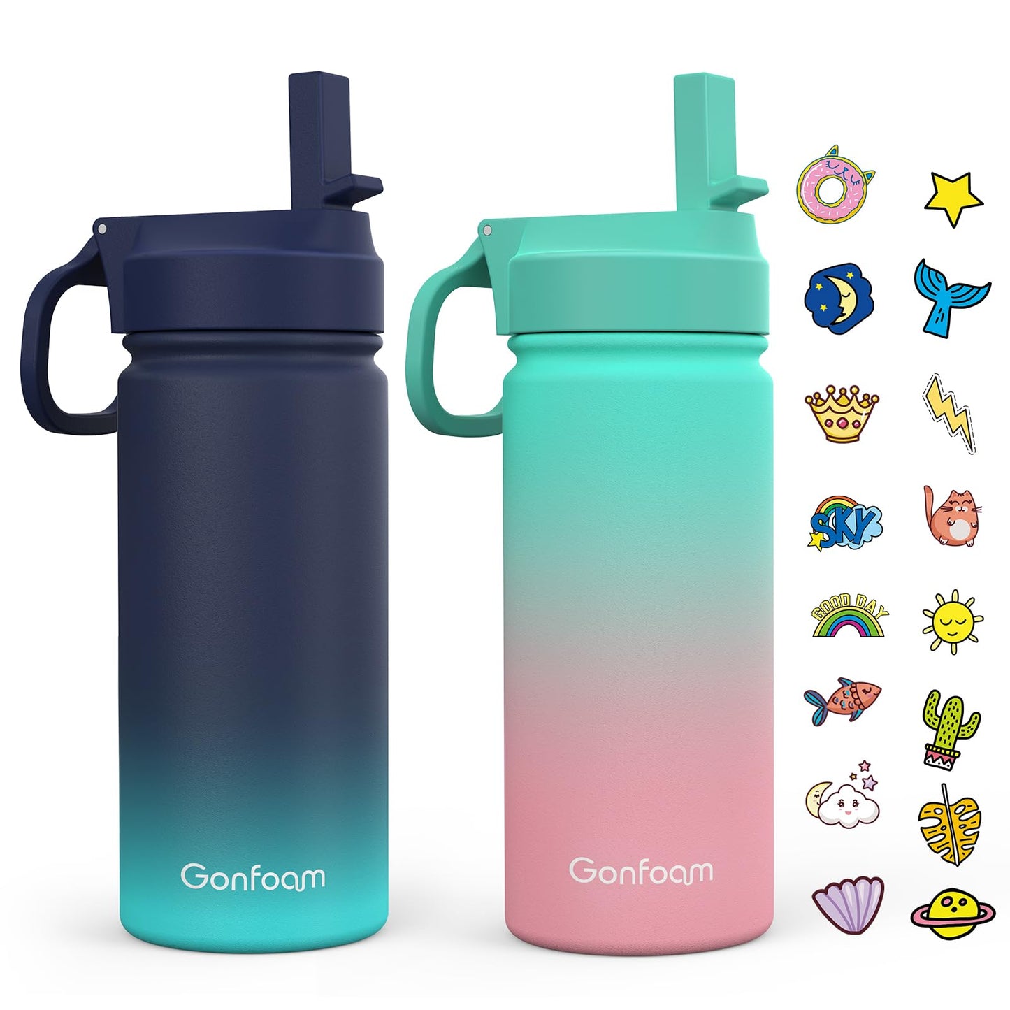 Kids Water Bottle, 2-Pack 16oz Water Bottles with Stickers and Straw, Stainless Steel Vacuum Insulated cup, Kids Water Bottle for School, Gifts for Boys and Girls(Blue/Green)