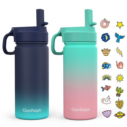 Kids Water Bottle, 2-Pack 16oz Water Bottles with Stickers and Straw, Stainless Steel Vacuum Insulated cup, Kids Water Bottle for School, Gifts for Boys and Girls(Blue/Green)