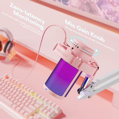 MAONO Gaming USB Microphone with Noise Cancellation, Streaming mic for PC Computer MAC PS4 PS5, All-in-One Kit with Mute, Monitor for Recording, Podcast, Twitch, YouTube, Discord, DGM20S Pink