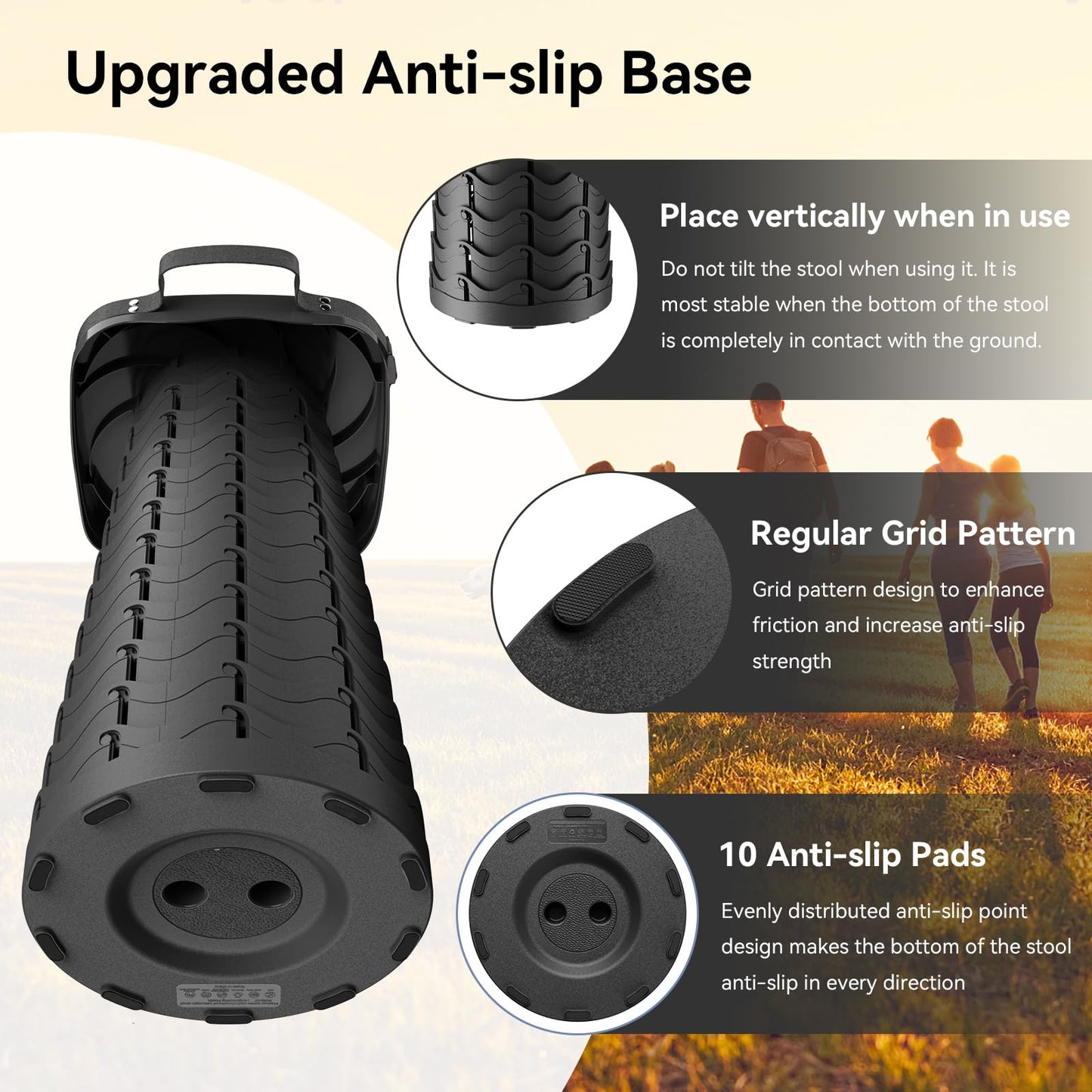 2025 Upgraded Portable Folding Stool, Collapsible Stool, Telescoping Camping Stool with Max Load Capacity 485lbs, Square Retractable Seat for Camping Gardening Fishing Hiking BBQ[Black]