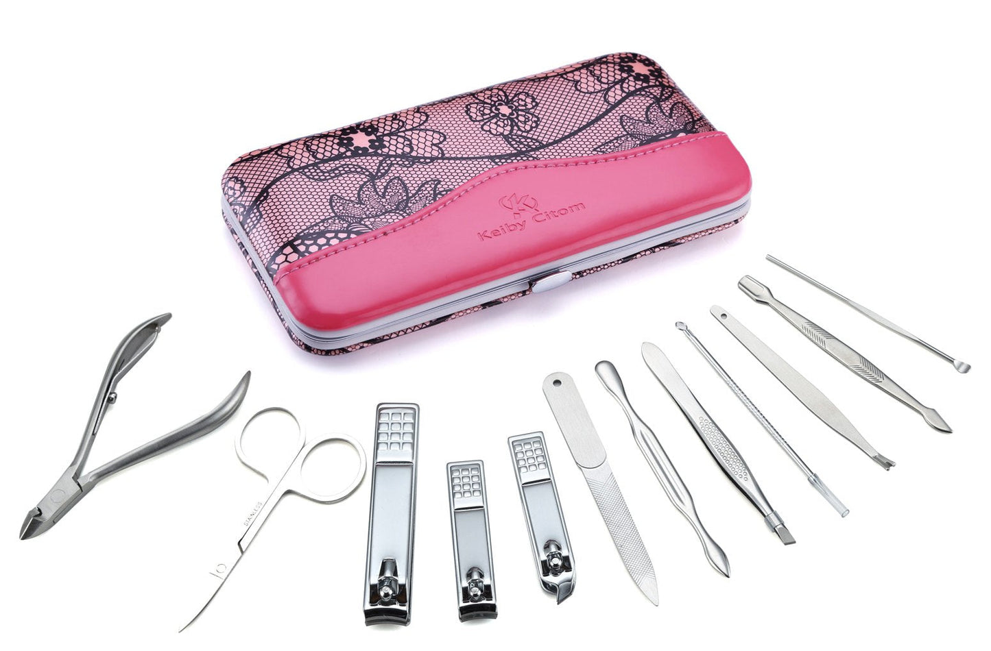 Manicure Set Professional Nail Clippers Kit Pedicure Care Tools- Stainless Steel Grooming Kit 12Pcs for Travel or Home (Pink)