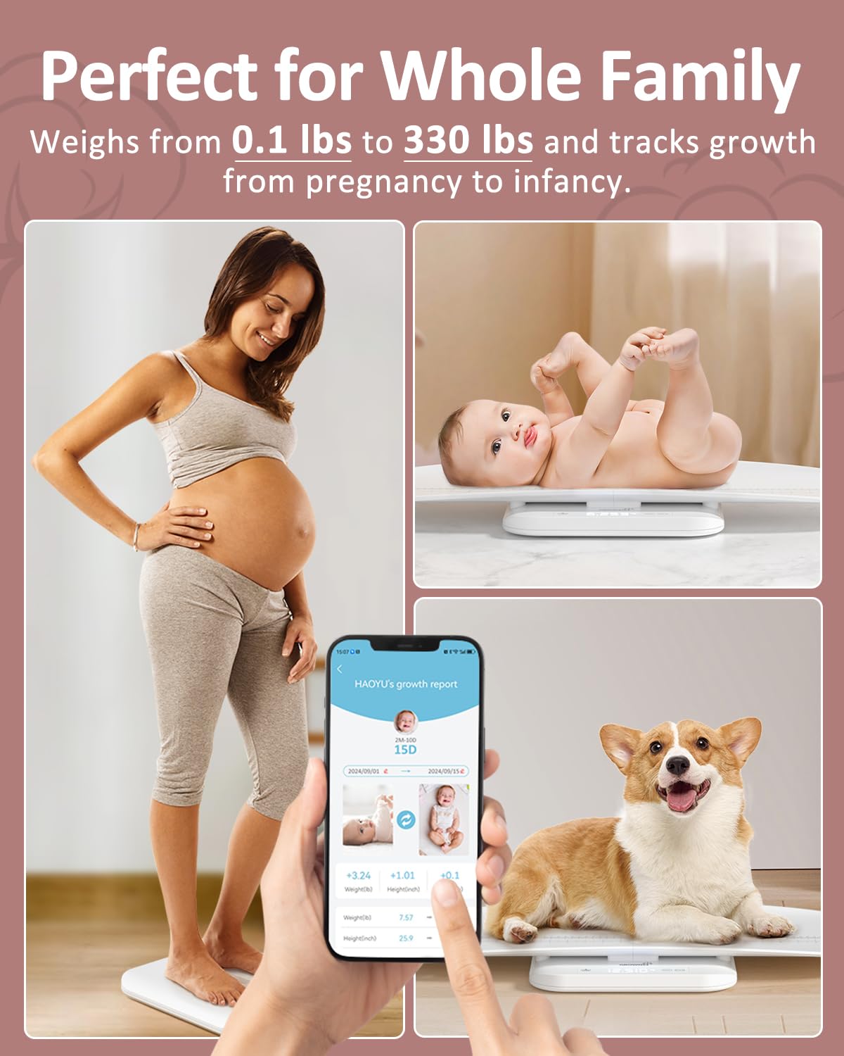 GROWNSY Smart Baby/Pet Scale,Digital Baby Weight Scale with App for Tracking Growth of Infant, Toddler,Puppy,and Cat—Supports Up to 330 lbs, with Hold Function, 27-inch Height Measurement,5 Units