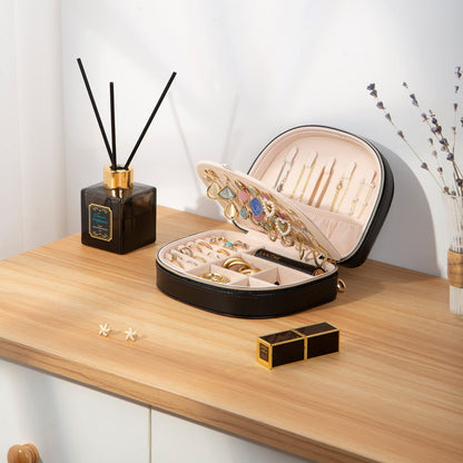 ProCase Travel Size Jewelry Box, Medium Portable Seashell-Shaped Jewelry Case, 2 Layer Jewelry Organizer in PU Leather for Women -Black