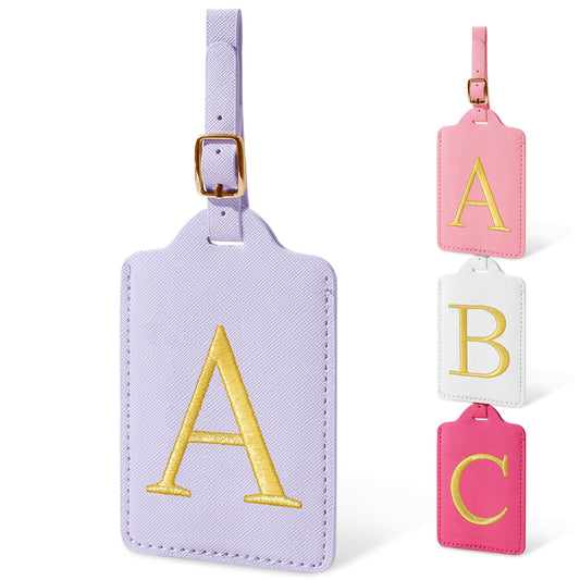 Initial Luggage Tags for Suitcases, Cute Embroidered Letter Luggage Bag Suitcase Identifier Name Baggage Tag, PU Leather Travel Luggage Tags, Bag Tags for Men Women Kids Luggage Handbags(Purple A)