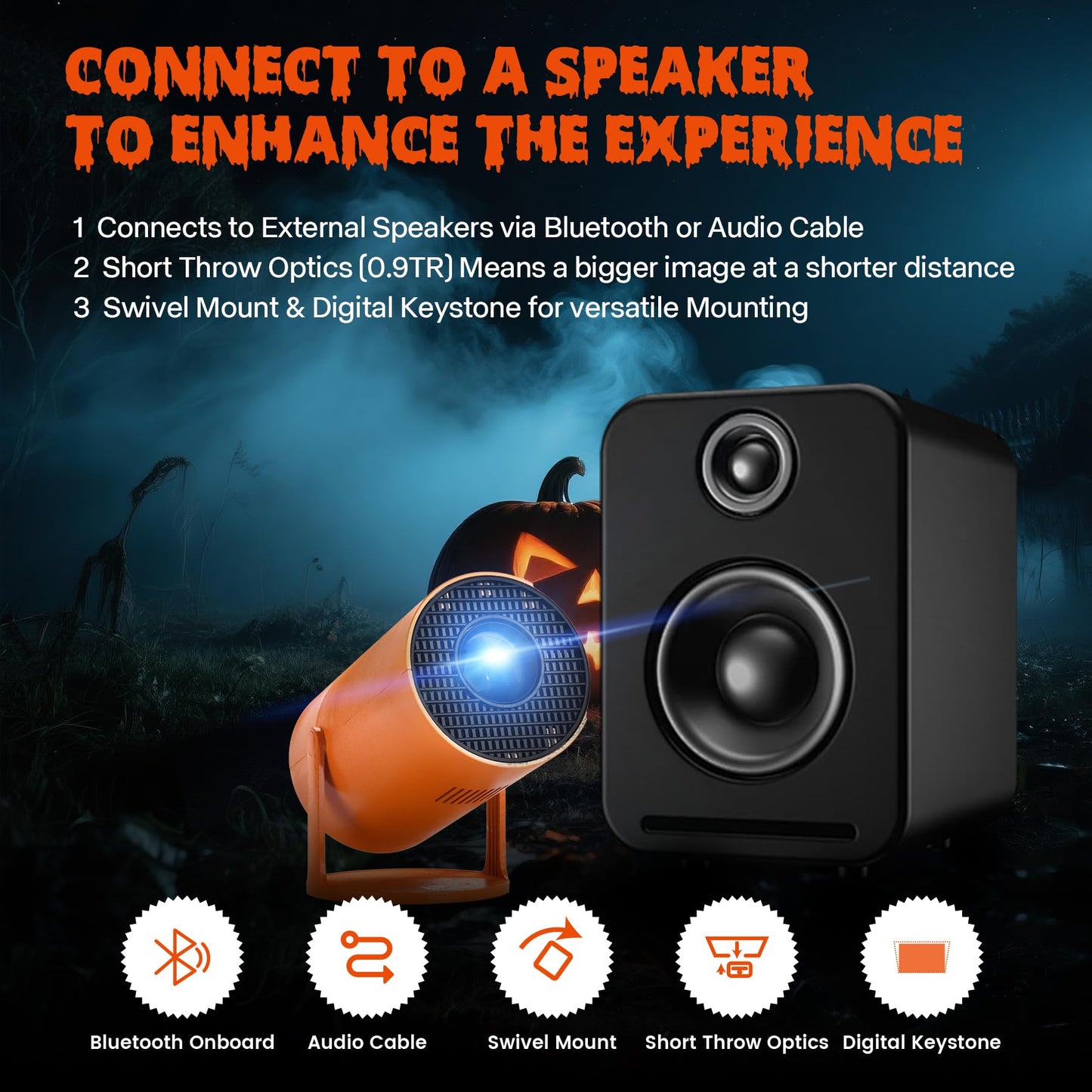 AAXA HP Halloween Projector (2025 Upgraded) for Haunted Windows, Auto-Start, Holographic Projections, Short Throw, HD 1080P, Portable Projector with 8 Pre-Loaded Hologram Movies, Built-in Speaker