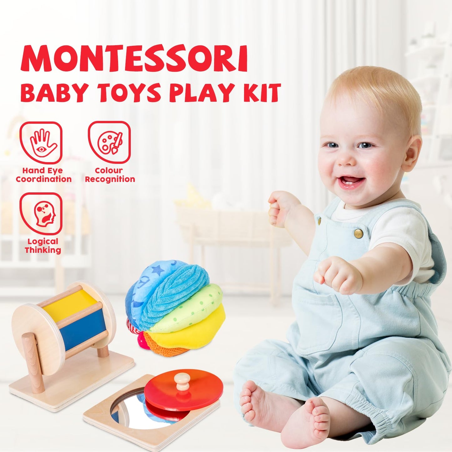 Montessori Baby Toys Play Kit - Mirror, Peekaboo, Knob Puzzle, Spinning Drum, Rainbow Ball - 6-12 Months Toddlers