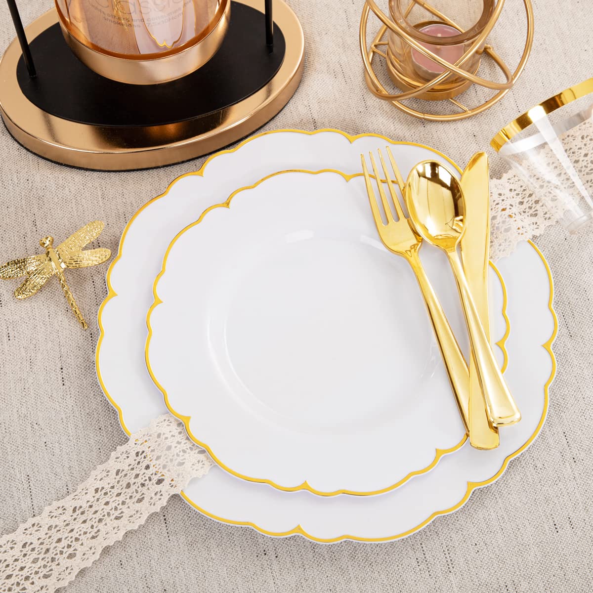 Morejoy 175PCS Gold Plastic Plates，White Gold Disposable Plates with Pre Rolled Napkins:25 Dinner Plates,25 Dessert Plates,25 Spoons,25 Forks,25Knives,25Cups,25Napkins for Party & Father's Day