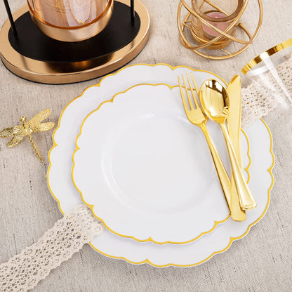 Morejoy 175PCS Gold Plastic Plates，White Gold Disposable Plates with Pre Rolled Napkins:25 Dinner Plates,25 Dessert Plates,25 Spoons,25 Forks,25Knives,25Cups,25Napkins for Party & Father's Day