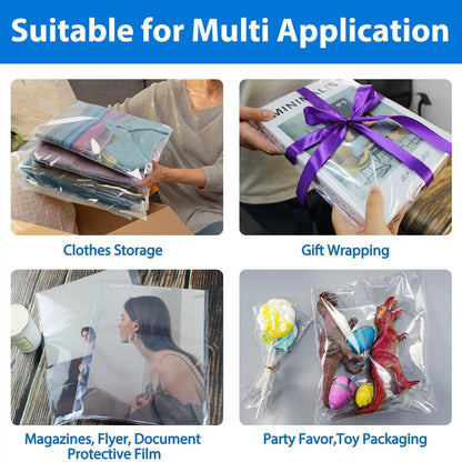 PigPotParty 10" x 13" Clear Plastic T-Shirt Bags with Clothing Size Stickers, 100 Pcs Cellophane Shirt Sleeves Packaging Bags for Small Business, Thick, Self-adhesive & Resealable