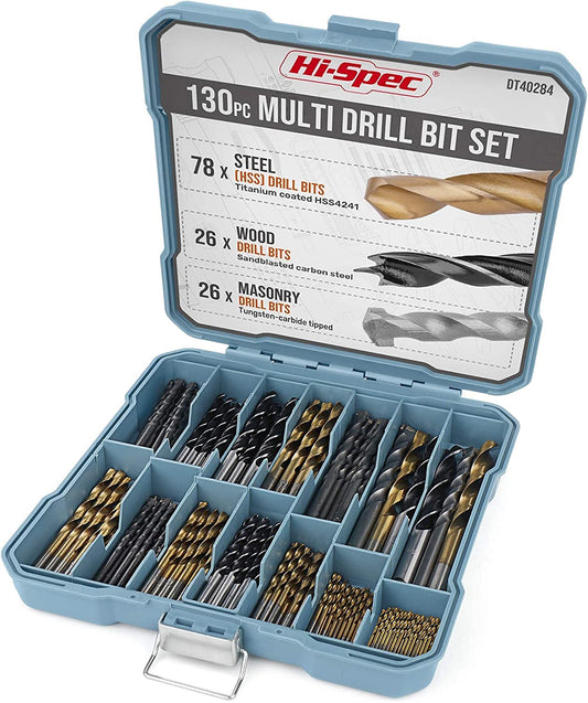 Hi-Spec Drill Bit Set 130pc Multi SAE – 11 Sizes 1/16in to 3/8in – HSS Titanium, Masonry & Brad Point Steel Bits – Drill Bits for Metal, Wood, Plastic, Drywall, Brick & Concrete – with Tray Case