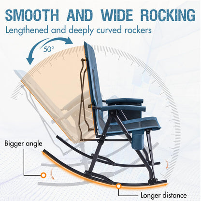 Portal Oversized Folding Rocking Camping Chair Portable Outdoor Rocker with High Back Hard Armrests Carry Bag, Supports 400 lbs, Mesh Back, Blue