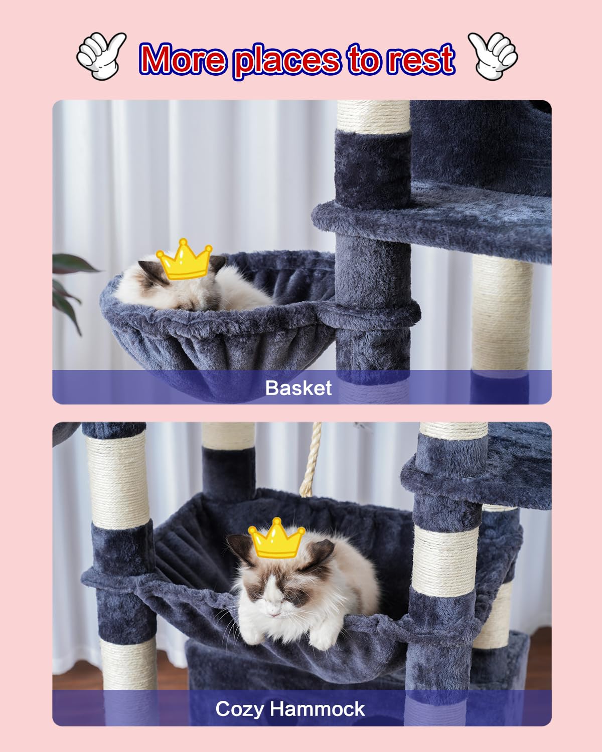 Gitelsnour Cat Tree for Indoor Cats Large Adult, 74" Cat Tower with 3 Big Platforms, 2 Baskets, 2 Condos, Multi-Level Cat Scratching Posts, Smoky Gray GCT030G