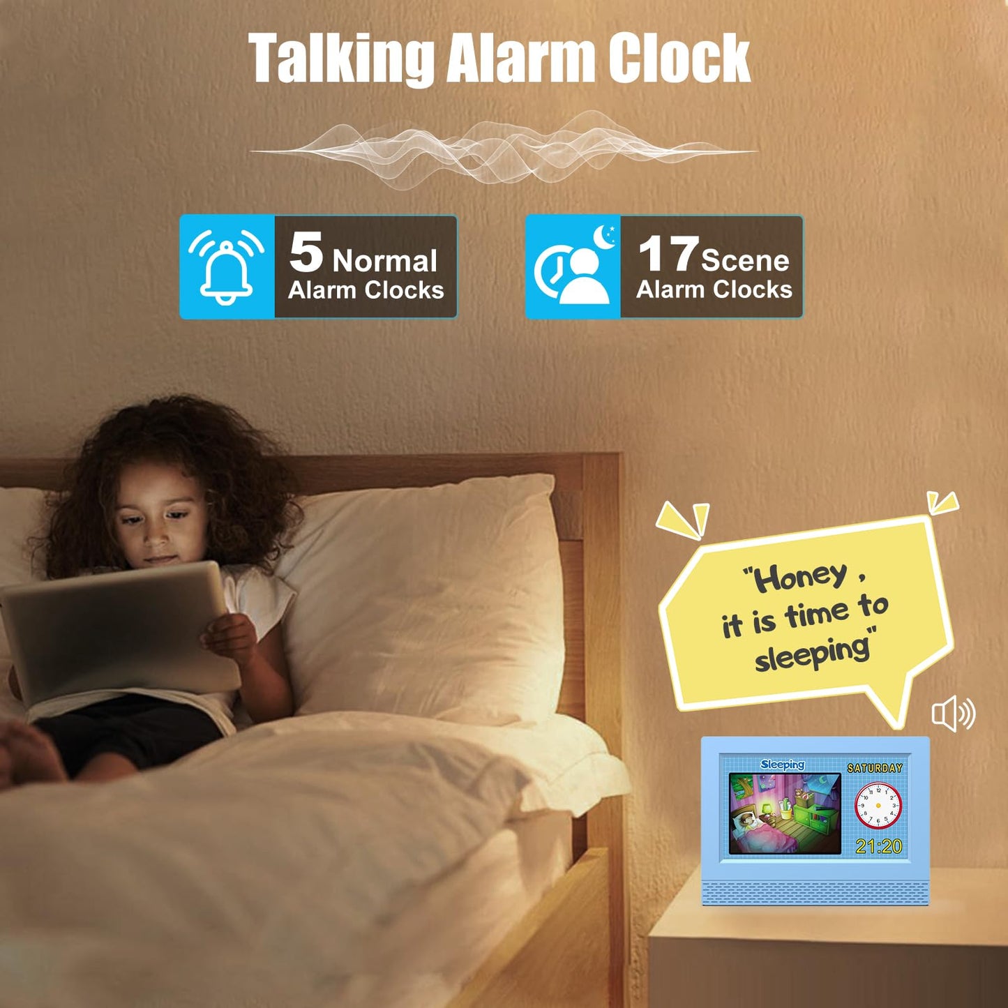 Kids Digital Alarm Clock Colorful, 7" Large LED Time Display Children's Sleep Trainer, Eye-Caring Digital Clock for Girls Boys Bedrooms Bedside, 17 Alarm Clock Settings Easy to Use Kids Birthday Gift