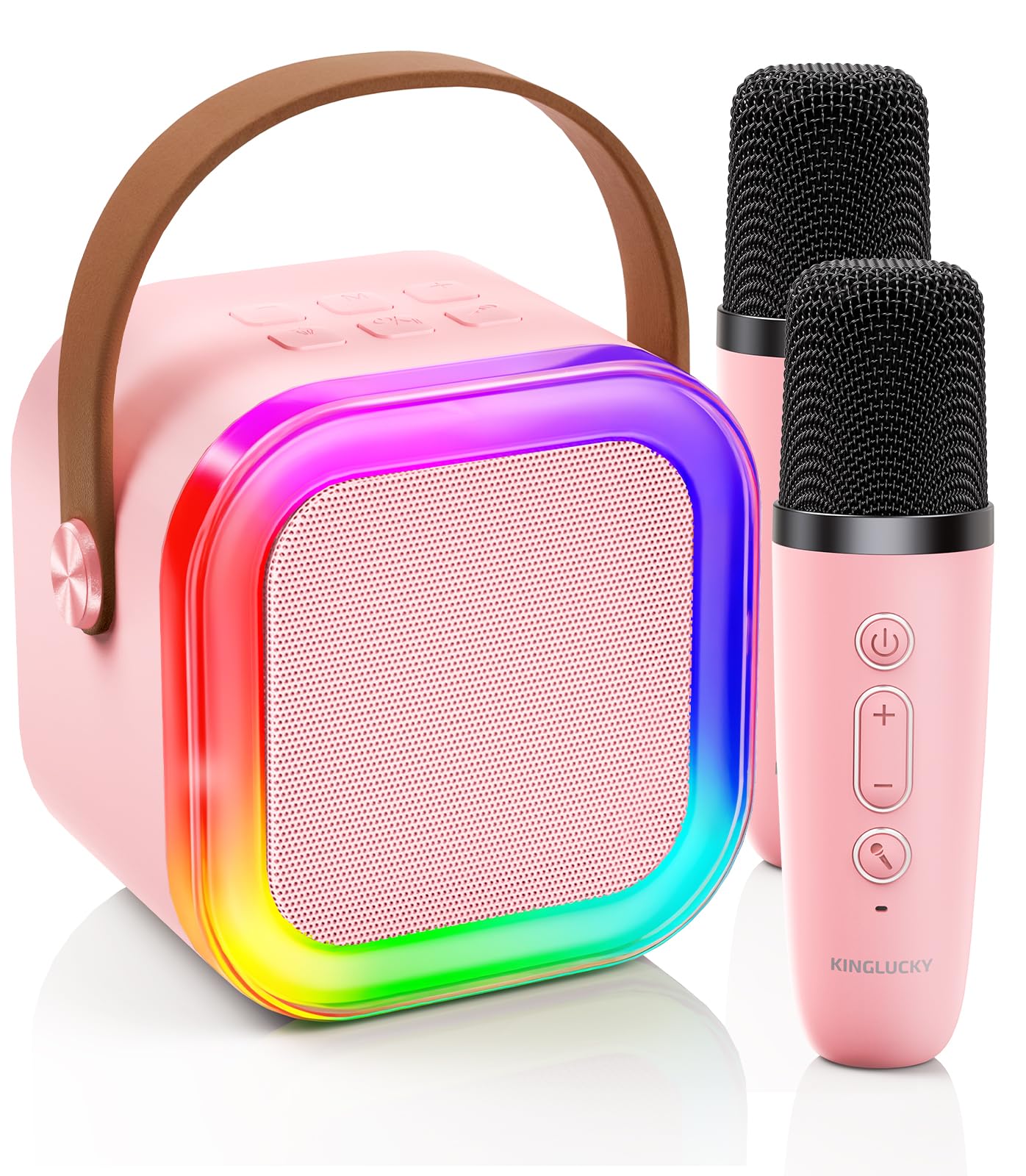 Kinglucky Mini Karaoke Machine for Kids, 2025 TOP Birthday Gifts Ideas for 3-12 Year Old Girls, Christmas Party Gifts Kids' Personal Video Players Accessories with 2 Wireless Microphones - Pink