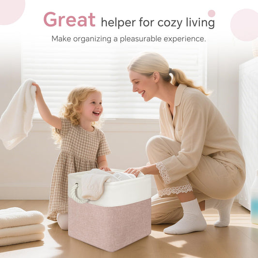 FinishingBo Cube Storage Bins, 6 Pack 11x11 inch with Cotton Handles for Closet, Shelves, Clothes, Toys, Towel (White/Pink)
