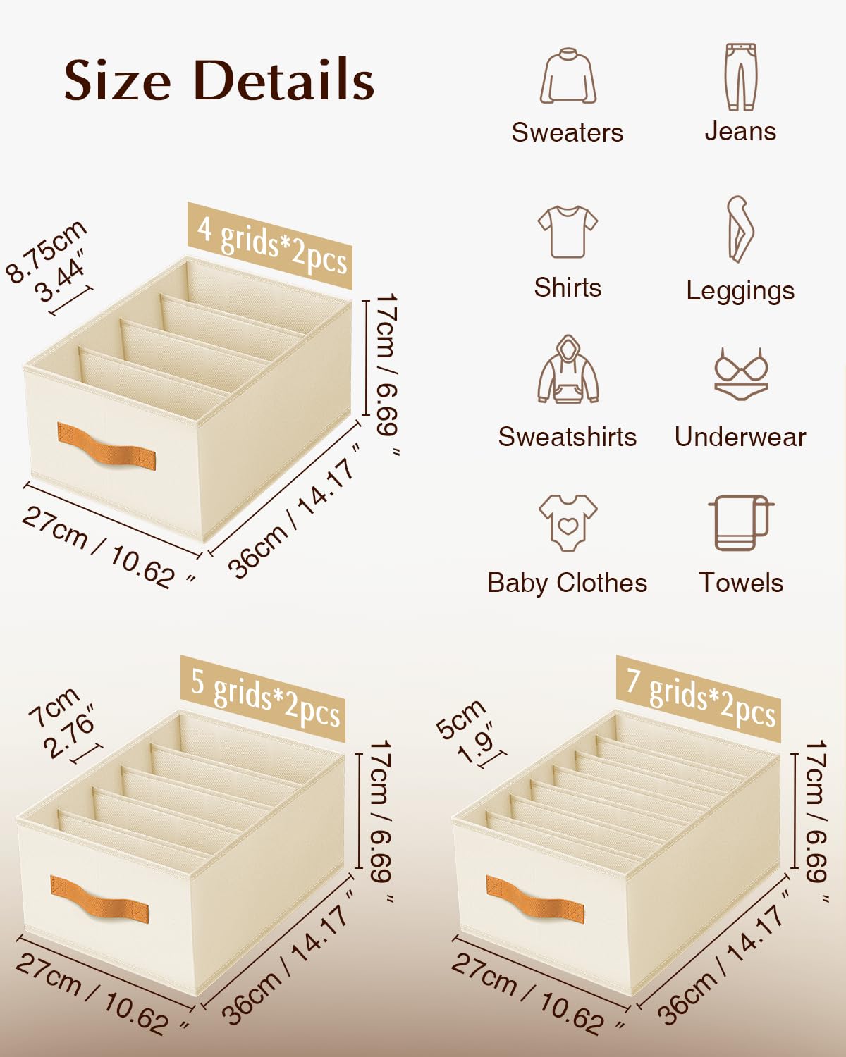 Homsorout Clothes Organizers and Storage - 4/5/7 Grids Fabric Jeans Organizer with Handles, Foldable Closet Organizers Dividers, Wardrobe organizer for Pant, Sweater, T-shirt, Scarf, 6 Pack, Beige