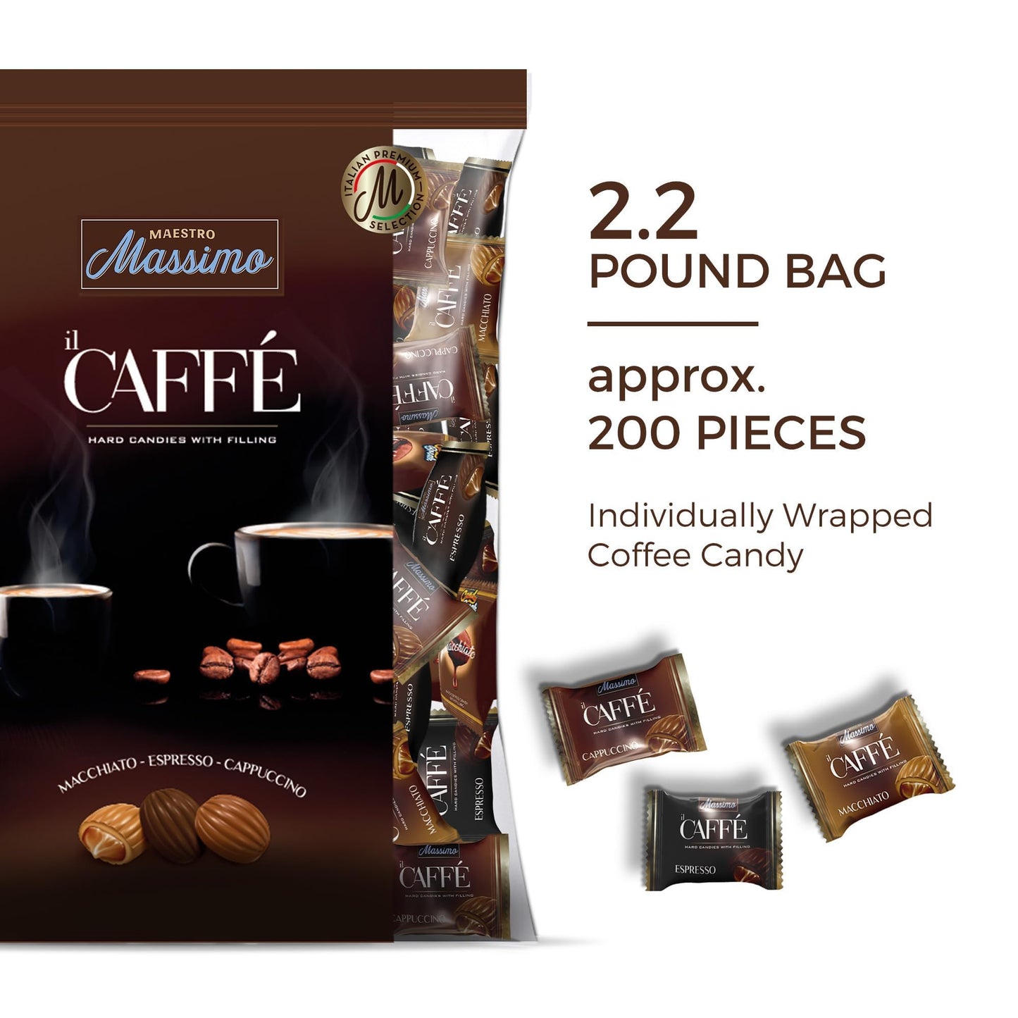 Maestro Massimo Center Filled Hard Pocket Coffee Candy, 3mg Caffeine per Candy, Individually Wrapped, Macchiato, Espresso, Cappuccino Flavored, 2.2 Pound Bulk Bag - Pack of 1