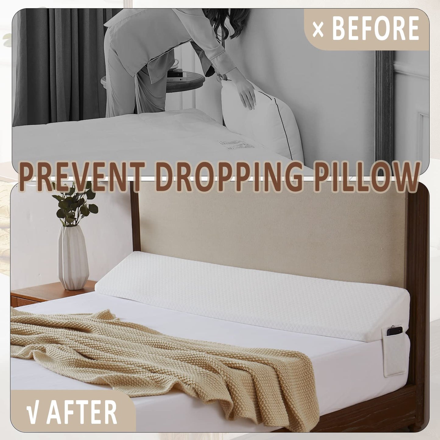 Homemate King Size（76"x10"x6"） Bed Wedge Pillow for Headboard - Bed Gap Filler(0-8") - Triangle Bloster Pillow Wedge - White