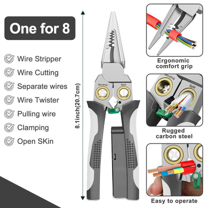 GADO Pro 8-in-1 Wire Crimper Stripper with Voltage Detector & Dual Alarms - Heavy Duty 12-250V AC/DC Tester for Hot/Neutral Wires - Electrician, HVAC, Car Repair Tool (Gray)