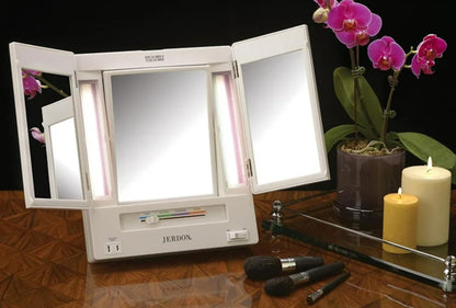 JERDON Tri-Fold Two-Sided Makeup Mirror with Lights - Vanity Mirror with 5X-1X Magnification & Multiple Light Settings - White - Model JGL9W