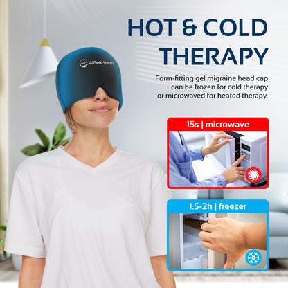 Migraine Relief Cap Ice Head Wrap and Hat | Hot/Cold Gel Pack with Face and Eye Mask Compress for Headache Relief - Black