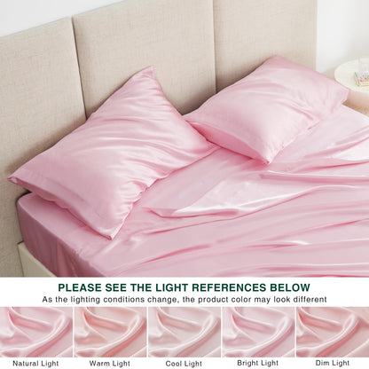Love's cabin Satin Queen Sheets Set - 4 Piece Pink Silky Bed Sheets Set with Deep Pocket, Luxury Silk Feel Satin Queen Size Sheet Set (1 Flat Sheet,1 Fitted Sheet,2 Pillow Cases)