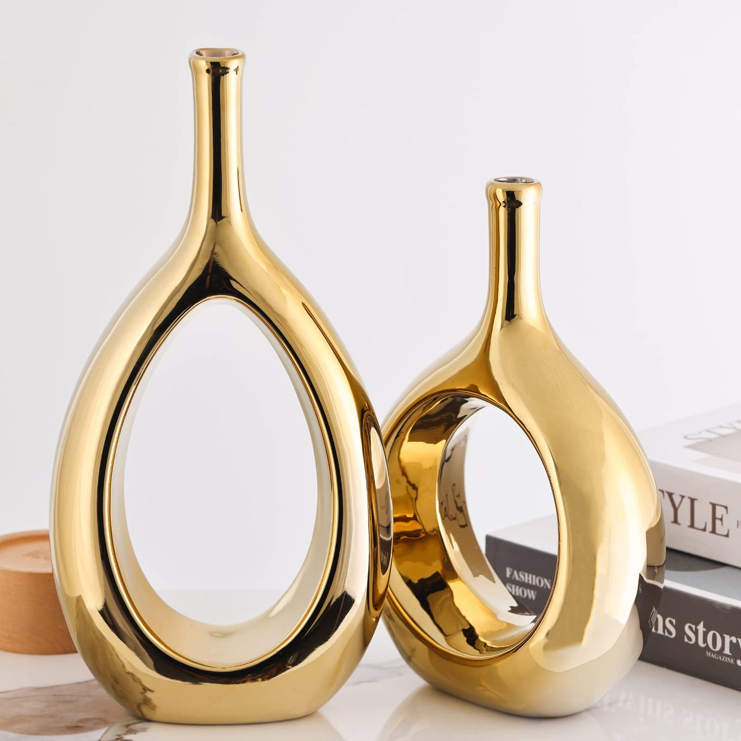Glossy Gold Ceramic Vase Set 2,Modern Hollow Circle with Hole Flower Vase for Home Decor,for Table Centerpieces,Farmhouse,Fire Place,Living Room,Bedroom,Office,Bookshelf,Rustic Decor