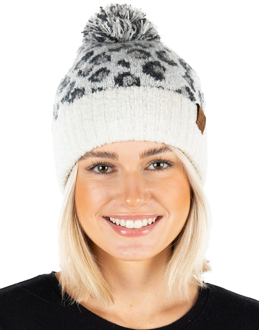Funky Junque Hat Leopard Print Beanie with Faux Fur Pom Cheetah Knit Cap for Women - a Leopard Print Pom Beanie - Snow Leopard