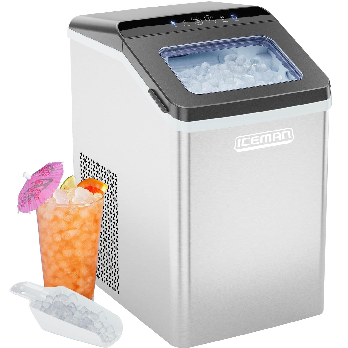 Iceman Pebble Ice Machine, Countertop Nugget Ice Maker Produces Chewable Pellet Ice in 20 Minutes, Makes 33lbs/Day, with One-Touch Cleaning Function and Ice Scoop/Basket Included – Stainless Steel