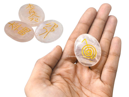 Amazing Gemstone Rose Quartz Crystal Reiki Stones with Engraved Symbols for Usui Reiki Healing, Set of 4 Pcs (Indian Handmade Reiki Gift Set)