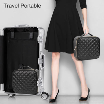 Relavel Makeup Bag, Travel Cosmetic Train Case Organizer Portable Artist Storage Bag with Adjustable Dividers for Cosmetics Makeup Brushes Toiletry Jewelry Digital Accessories Quilted Leather Black