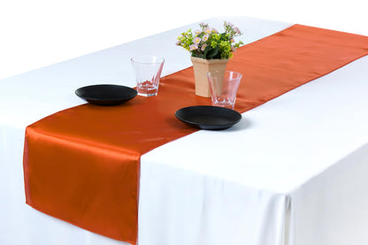MDS 10 PCS Satin Table Runners 12 x 108 Inch Charmeuse Sateen Silk Table Runner for Indoor Outdoor Wedding Reception Birthday Graduation Party Event Banquet Dining Table Decoration - Brunt Orange