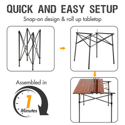 PORTAL Lightweight Aluminum Folding Square Table Roll Up Top 4 People Compact Table with Carry Bag for Camping, Picnic, Backyards, BBQ, Brown